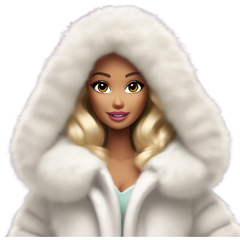 Barbie in an extremely big fluffy oversized white fur coat with hood on. The fur is real and it’s very obvious big and fluffy like in Pinterest  emoji
