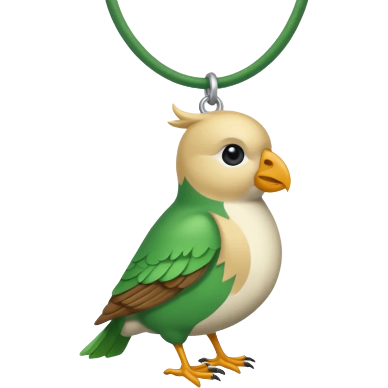 un oiseau classique vert avec un collier autour de son coup avec des breloque argentées et un seul poil blond qui fait une petite bouclette sur le front  emoji