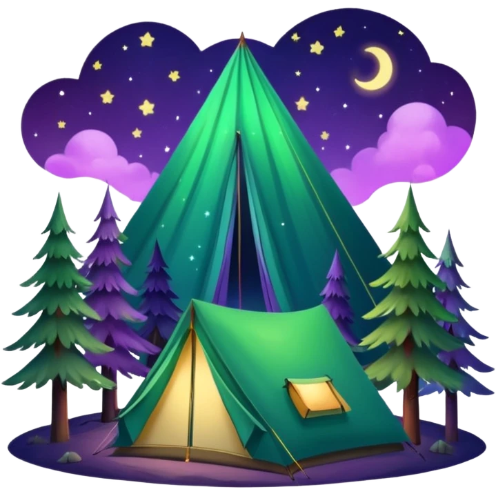 northern lights over pine forest with camping tent emoji