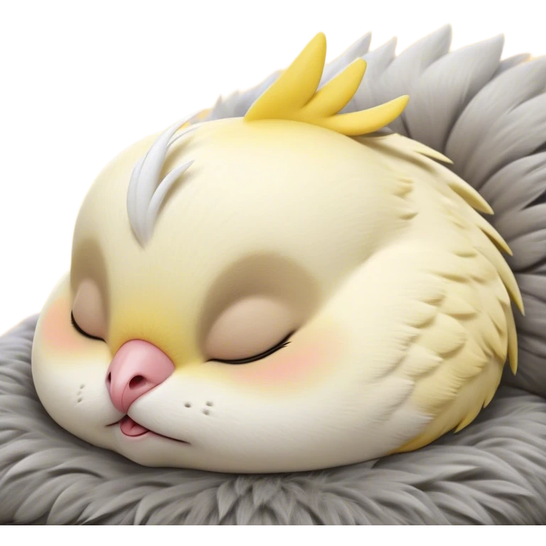 Meme-Worthy Cute Sleeping Cockatiel Portrait Emoji, Head resting peacefully with a contented smile, showcasing a delicate, slender build and a luxuriously soft grey fur with gentle yellow accents, eyes shut in a serene nap, Simplified yet hilariously adorable features, highly detailed, glowing with a soft, drowsy light, high shine, relaxed and utterly lovable, stylized with an air of playful laziness, bright and heartwarming, soft glowing outline, capturing the essence of a comically sleepy cockatiel, so meme-worthy it feels like it could instantly become the next viral sensation of adorable slumber! emoji