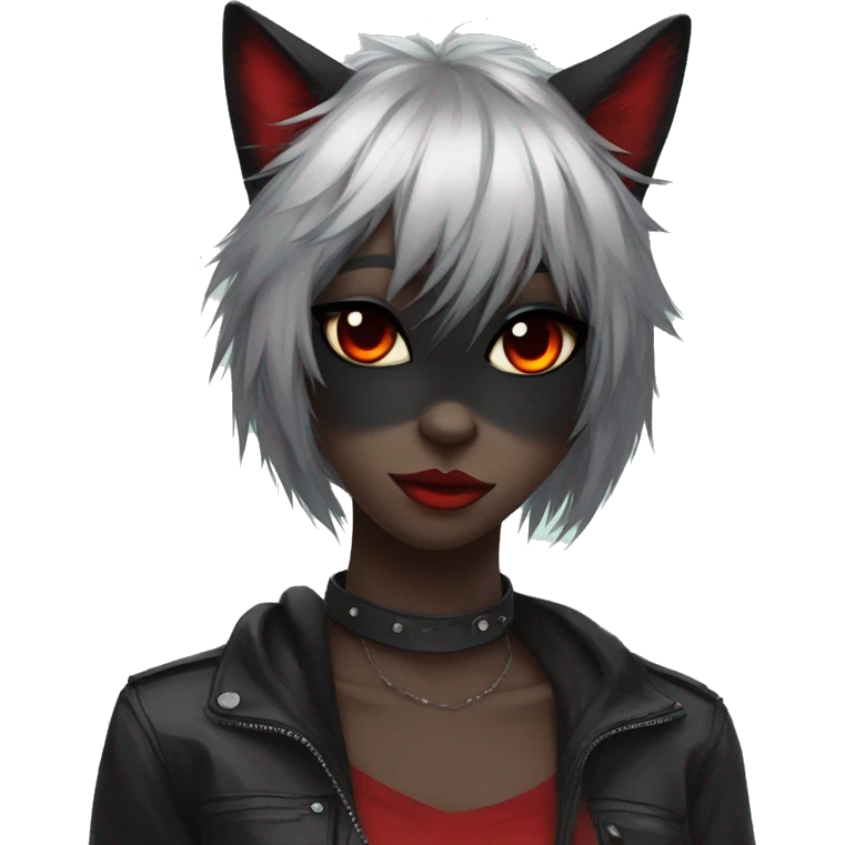 Anthro Edgy Cool Beautiful Black Cat-Fursona with Emo Hair-bangs with Red Streaks emoji
