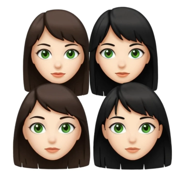 Une fille brune avec tes yeux verts et une peau claire et à côté une fille plus grande avec des cheveux noirs et une frange une pommade des yeux noirs en amande emoji