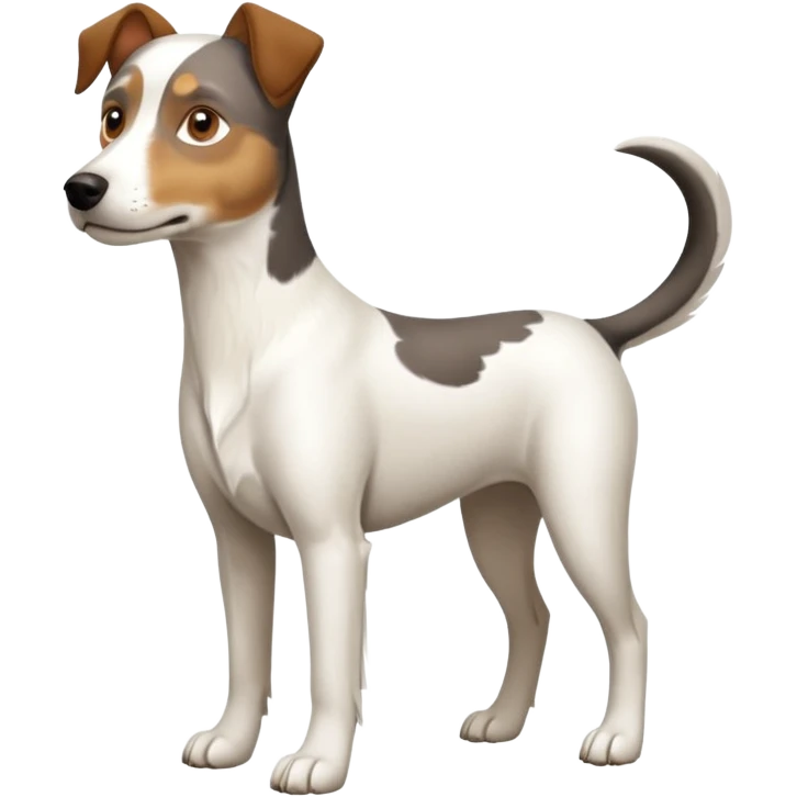 a full body large white parson russell looking dog the size of a kelpie with light brown ears and a light brown patch on one eye and a large snout emoji