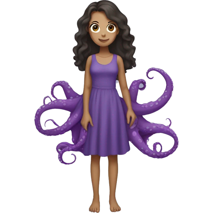 girl (full body) with longish dark hair, wearing a purple dress and holding a purple octopus emoji
