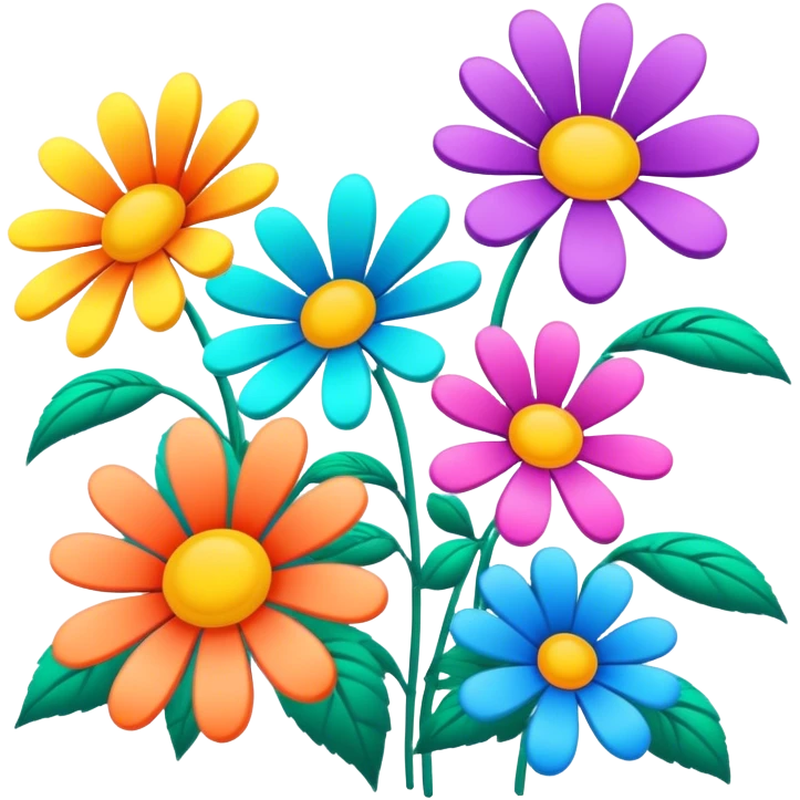 3D, psychedelic colored hippie style flowers in a line emoji