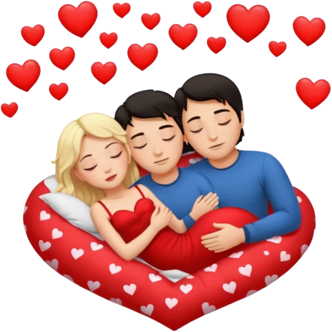 Sleeping couple. two people. man has dark hair. woman is blonde. hearts surrounding them. emoji