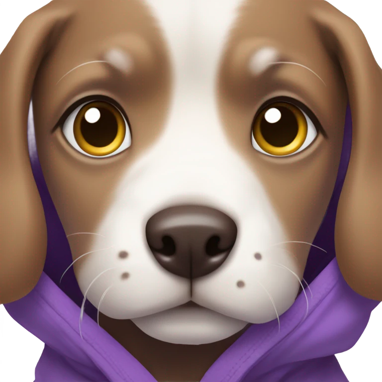 Brown and white dog puppy eyes wearing a purple hoodie emoji