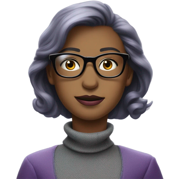 Full torso of Tv show young Diana I Prince wearing grey suit with silk voile  purple turtleneck and black eyeglasses  emoji
