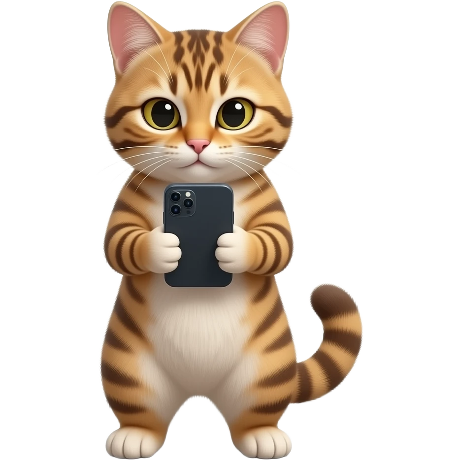 Glossy 3D rendered realistic cat standing upright on two legs, detailed fur and features, front-facing, eyes and head directed downward toward a smartphone held in its paws, soft shading, white background emoji