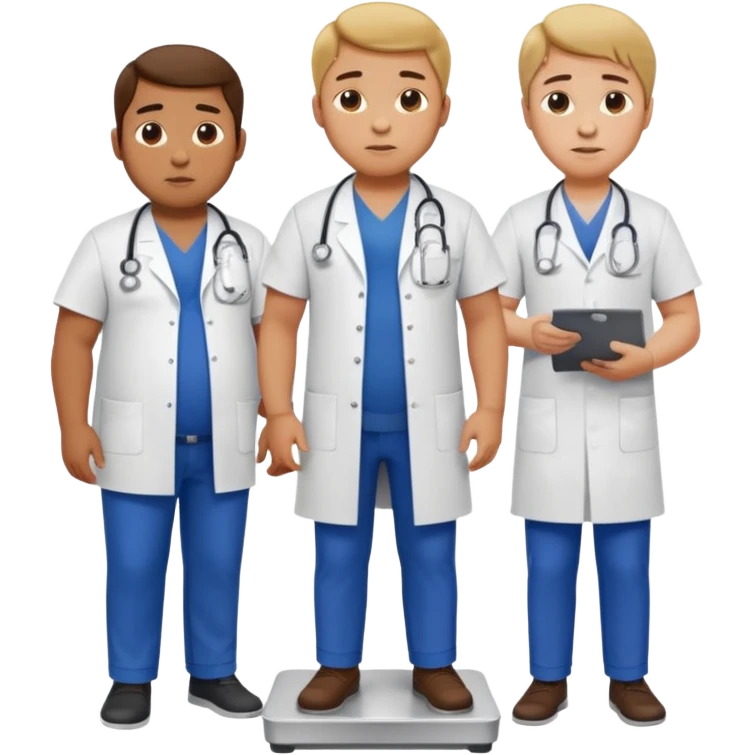 pessoa gorda em cima de balança e medico do lado avaliando emoji