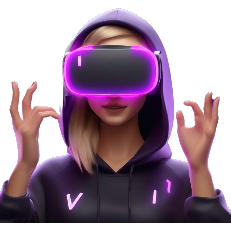 Russian girl wearing black hoody with violet letters "OMG", in vr headset oculus quest2. Dancing. Cyberpunk style. Violet neon. emoji