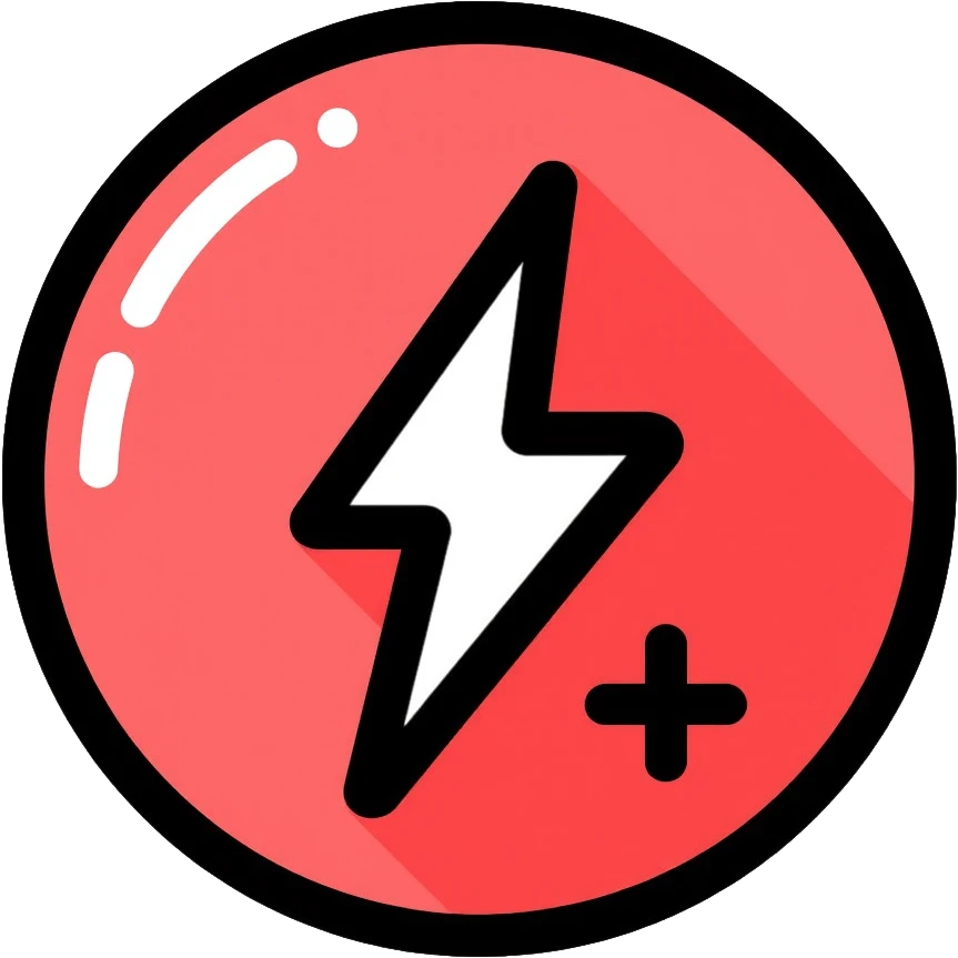 red circular button with lightning bolt logo emoji