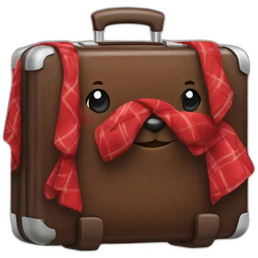 Chocolate colored doodle with wavy hair wearing a red and black flannel handkerchief with a carryon suitcase emoji