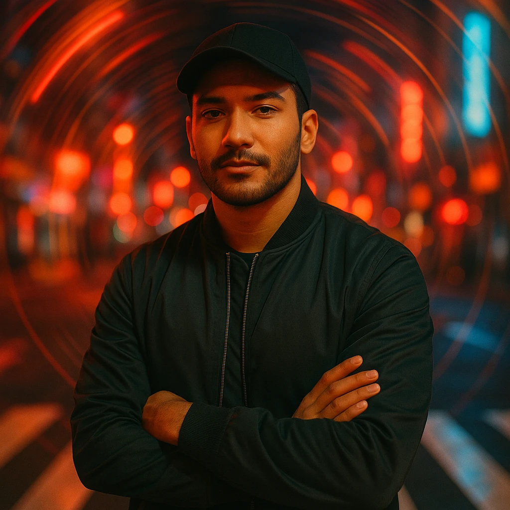 Create a nighttime cinematic photo of a Southeast Asian man in his early 30s with sawo matang skin, standing in a crosswalk with neon city lights and spiral motion blur. The man has a relaxed but solid posture, black cap, bomber jacket, confident expression, soft light on face, warm tones, fashion editorial look. Use the reference image for facial features. emoji