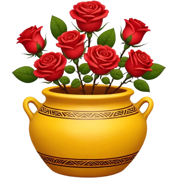 Yellow ceramic pot with red roses; the pot is decorated in an ethnic style. emoji