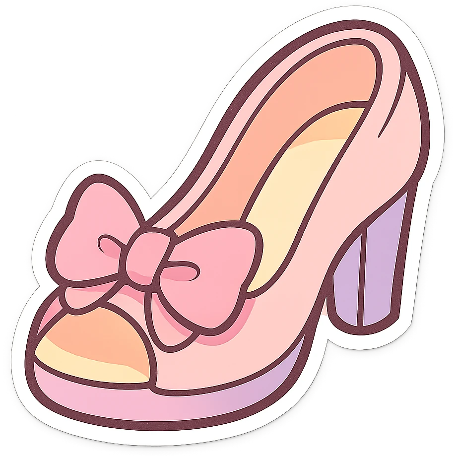 chibi sticker-style high heel shoe with a girly vibe, pastel colors, bow accent, cute and exaggerated emoji