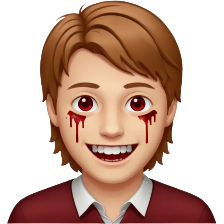 парень с русыми волосами средней длины; белая кожа; белые глаза; открытая улыбка, где на зубах кровь;  emoji