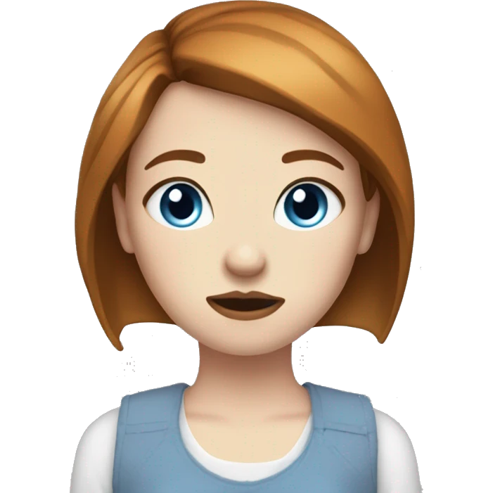 Girl with micro bangs dark ginger brown hair, blue eyes, pale skin, alternative clothing, stressed out and tired emoji
