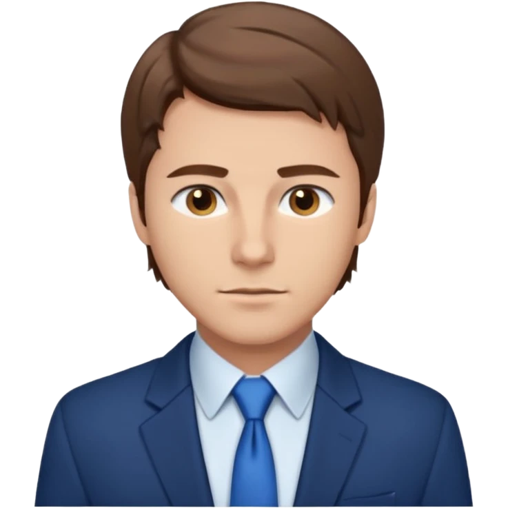 un homme type caucasien brun avec des jolies traits avec une chemise blanche et une veste a manche longues et cravate bleu il a les yeux marron emoji