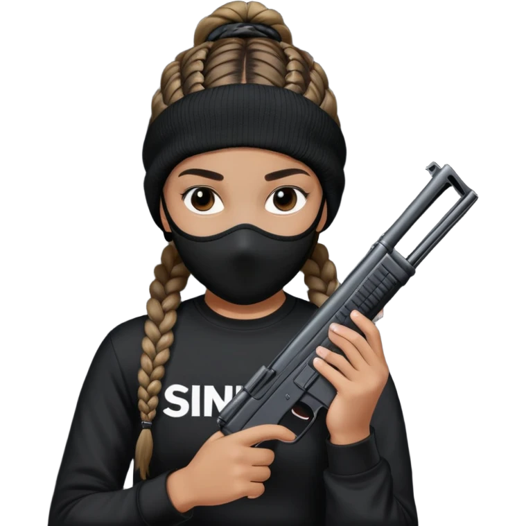 wearing a ski mask, braided hair, wearing a black t-shirt with the words sinkids on it and holding a gun emoji