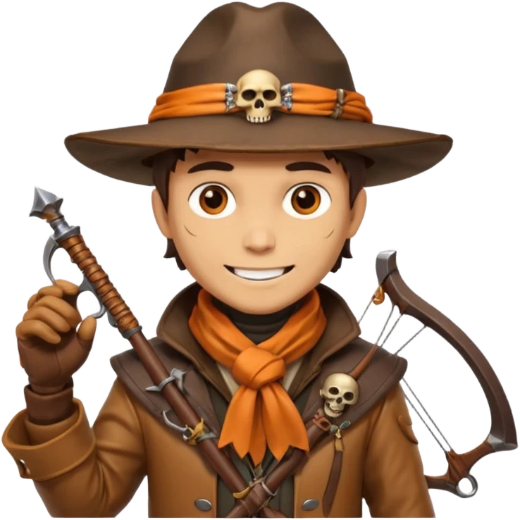 male human monster hunter emoji, wearing brown leather coat and wide hat, holding crossbow, with amulet shaped like skull, Halloween fantasy theme, confident smile, orange scarf, Apple emoji style, clean white background, square image emoji