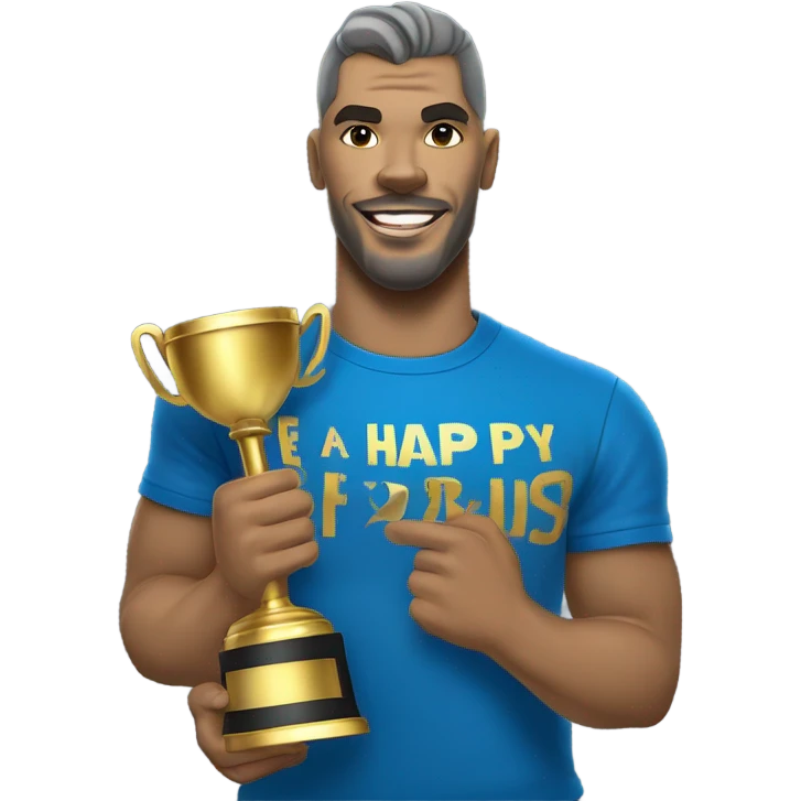 A happy Blue Cane Corso in a blue and gold tee shit with JJC on the front holding a huge trophy. emoji