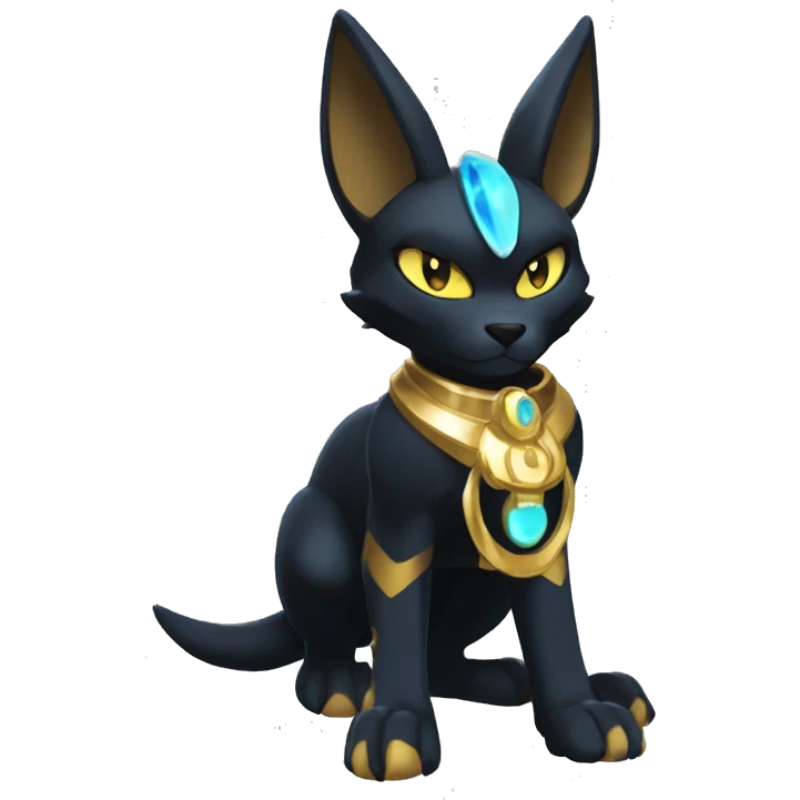 Black godly overpowered ethereal majestic Egyptian Lucario-Umbreon-Cat. Golden Anubis-Rings and yellow ring-markings. Full body emoji