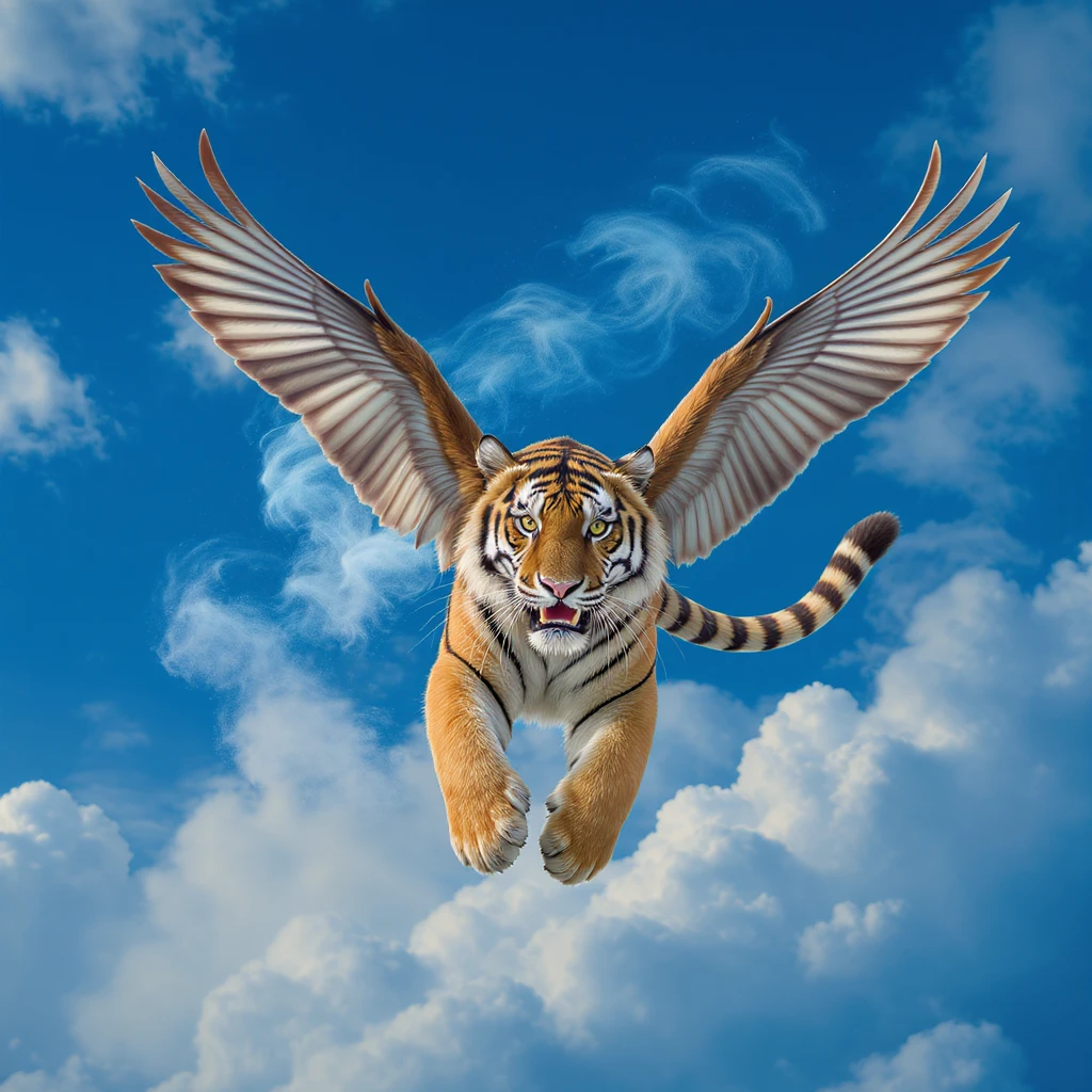 Tiger with wings and corwn flying around clouds, blue solid color, with cinematic blur emoji