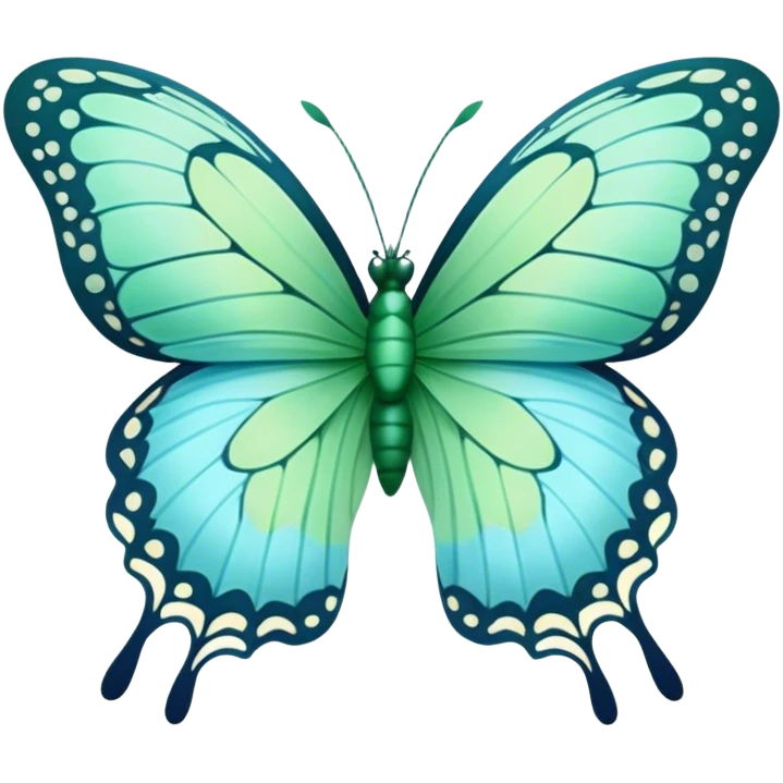 A delicate butterfly with deep green and pastel blue wings resting on a soft green satin ribbon. emoji