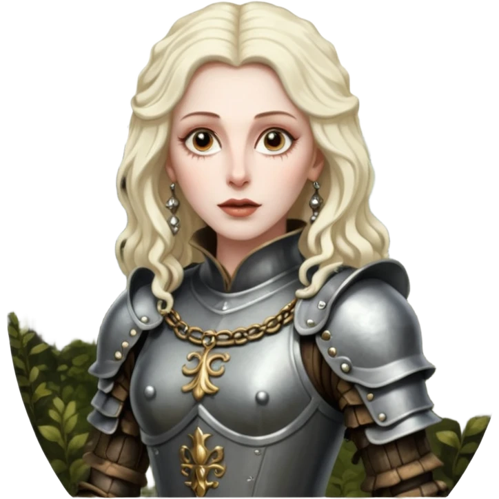 realistic cinematic actress Cher in baroque styling with dirty armor in a forest emoji
