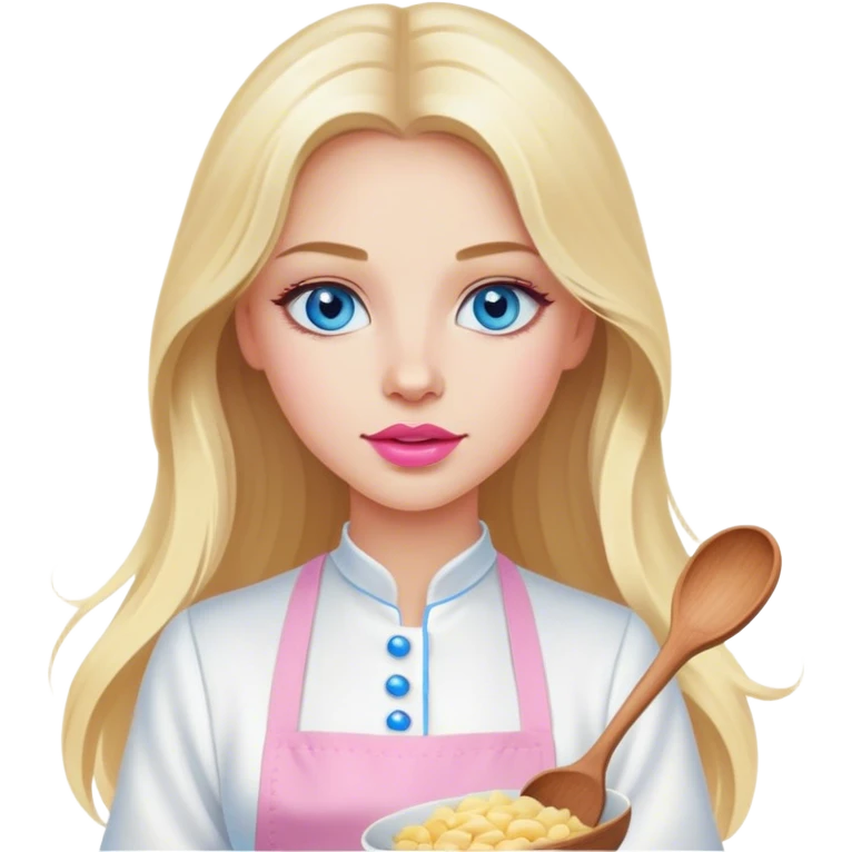 Cinematic realistic beautiful blonde with long hair, blue eyes and pink lips in a white dress cooks emoji