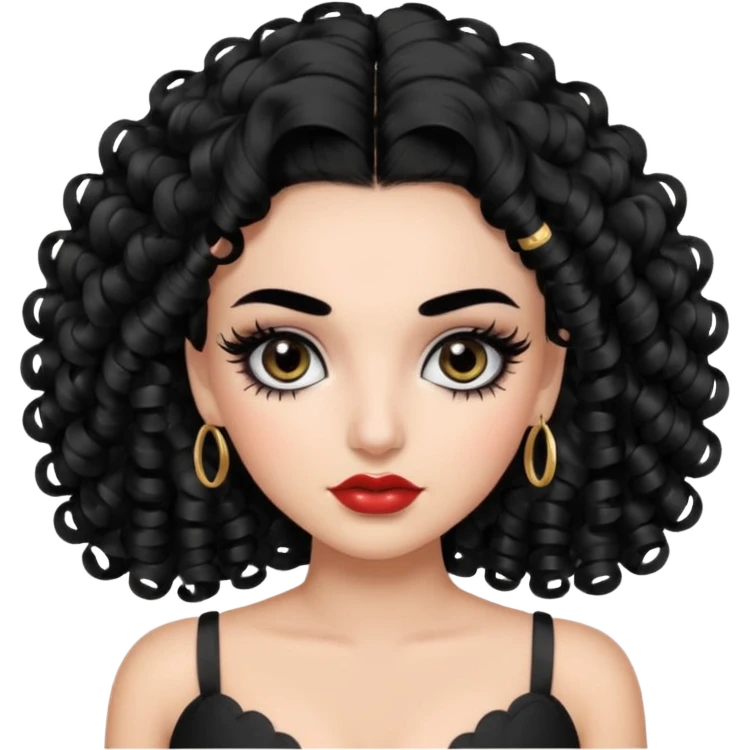 generate the emoji of a girl with fair skin, black hair, bombshell curls, black eyes, long false eyelashes, black eyebrows, latina makeup emoji