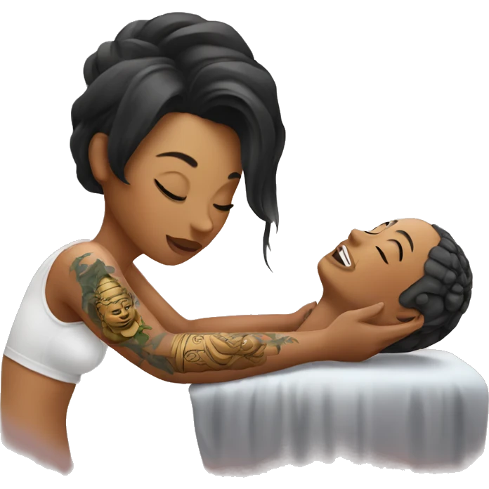 Women getting a tattoo of a Buddha emoji
