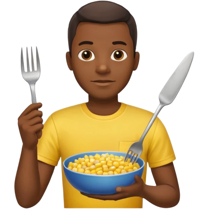 BLACK MAN WITH YELLOW SHIRT, HOLDING AN FORK AND A COOK CORN BOWL emoji