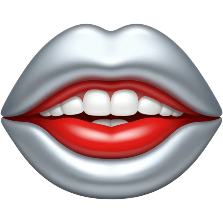 Chrome silver lips emoji, glossy metallic texture, iOS emoji style, smooth reflections, bold but minimal design, centered, silver mouth. all silver emoji