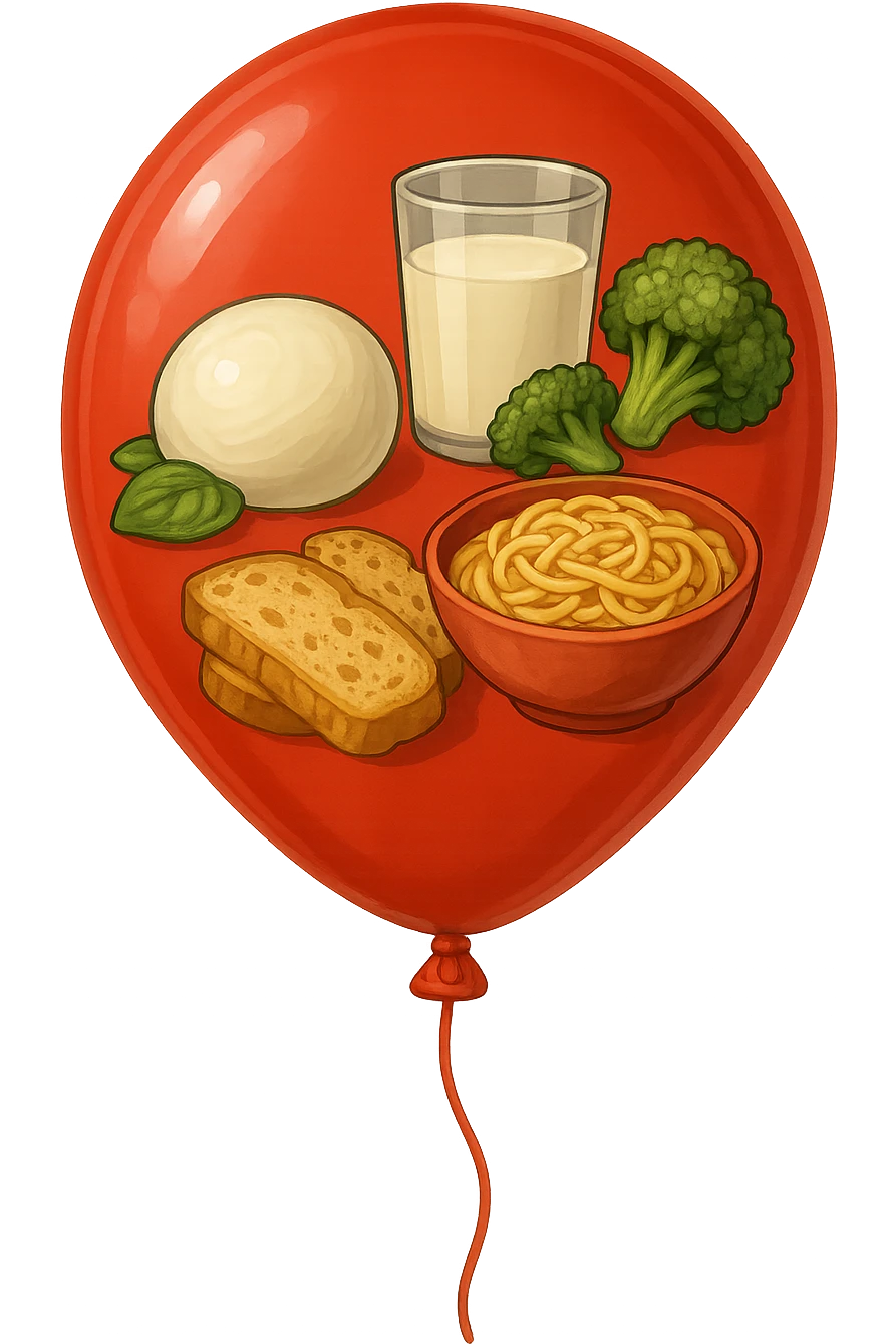 PALLONCINO ROSSO CON DENTRO UNA MOZZARELLA, UN BICCHIERE DI LATTE, UNA BOWL DI PASTA, QUALCHE BROCCOLO, QUALCHE FETTINA DI PANE emoji