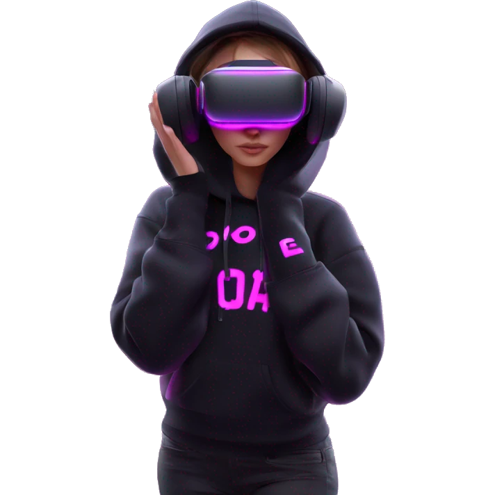 Russian girl wearing black hoody with violet letters "OMG", in vr headset oculus quest2. Dancing. Cyberpunk style. Violet neon. emoji