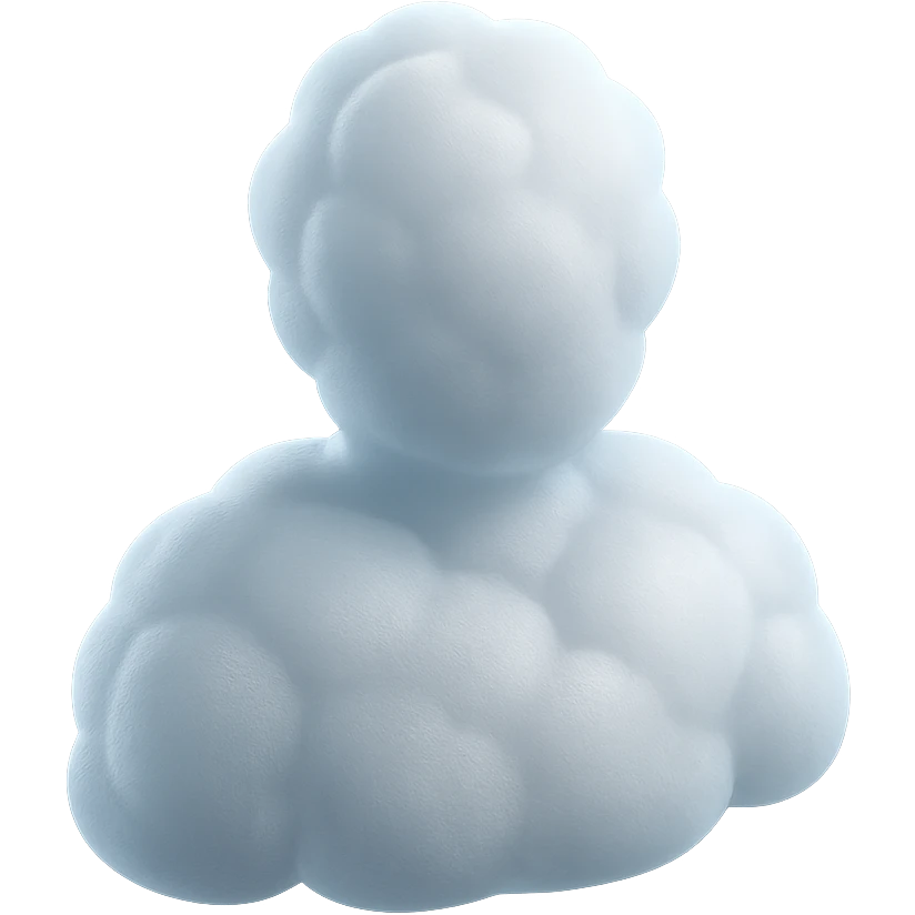 front view of a person made entirely of white fluffy convex clouds, shoulders visible, matte glass style emoji