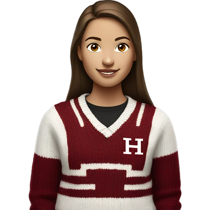 Girl with brown hair and white skin wearing a crimson and white sweater with the black crimson and white Harvard University logo on it  emoji