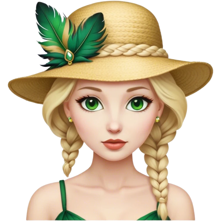 lady with Pale complexion, sharp features, high cheekbones, Blonde hair, usually styled in braided updo, green eyes accessorized with a feathered hat emoji