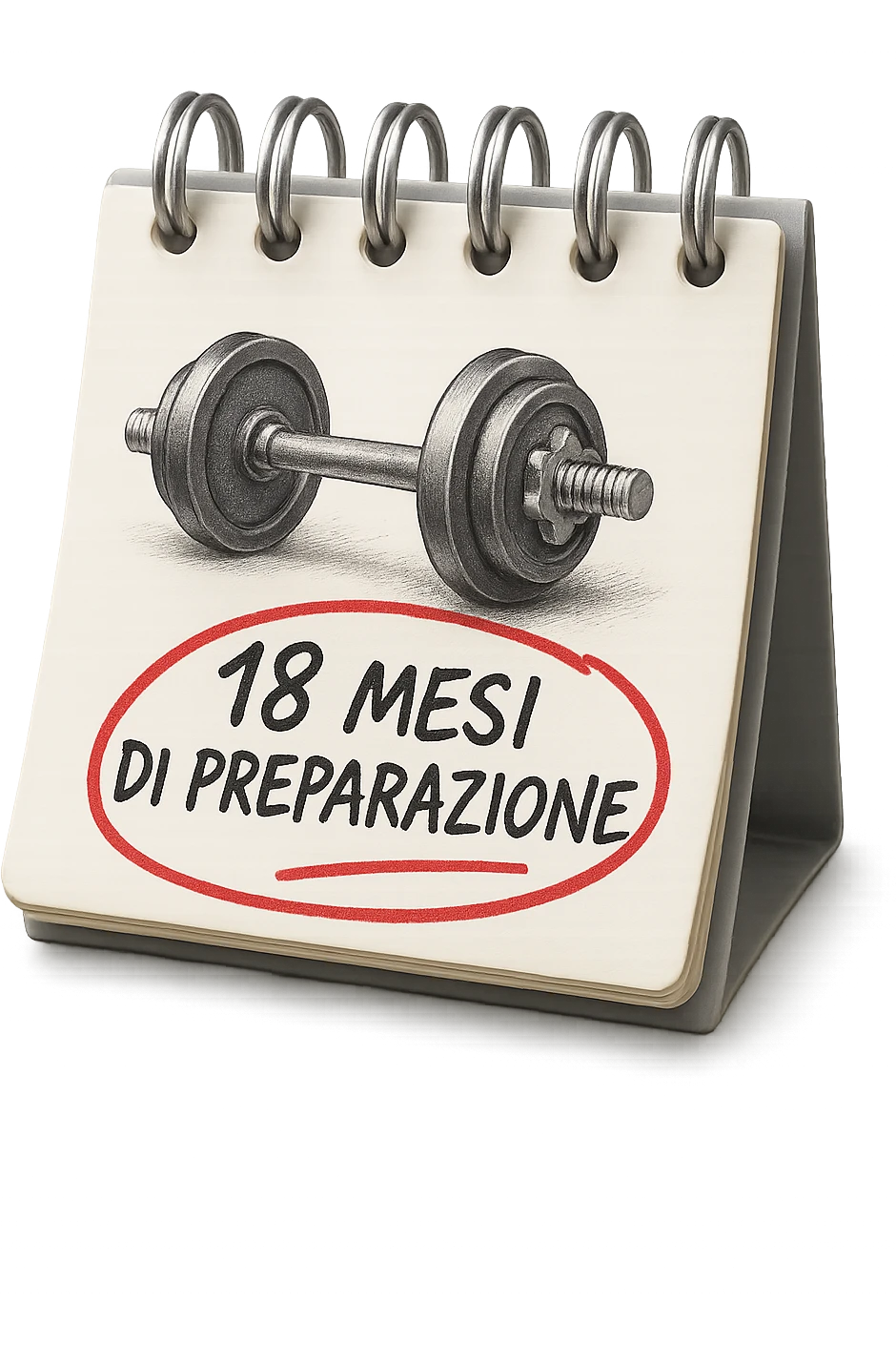 foglio di calendario con manubri da palestra disegnati e la scritta a penna "18 MESI DI PREPARAZIONE" CERCHIATA IN ROSSO, FALLO MOLTO REALISTICO IN 3D emoji