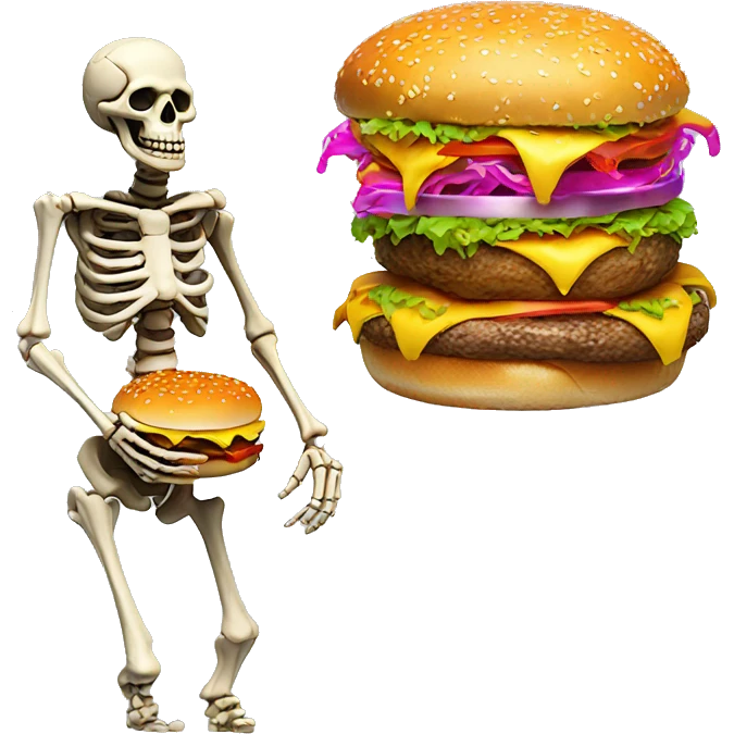 skeleton with neon lights and a burger with golden flakes emoji