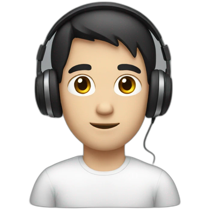 young white guy, black hair, headphones emoji