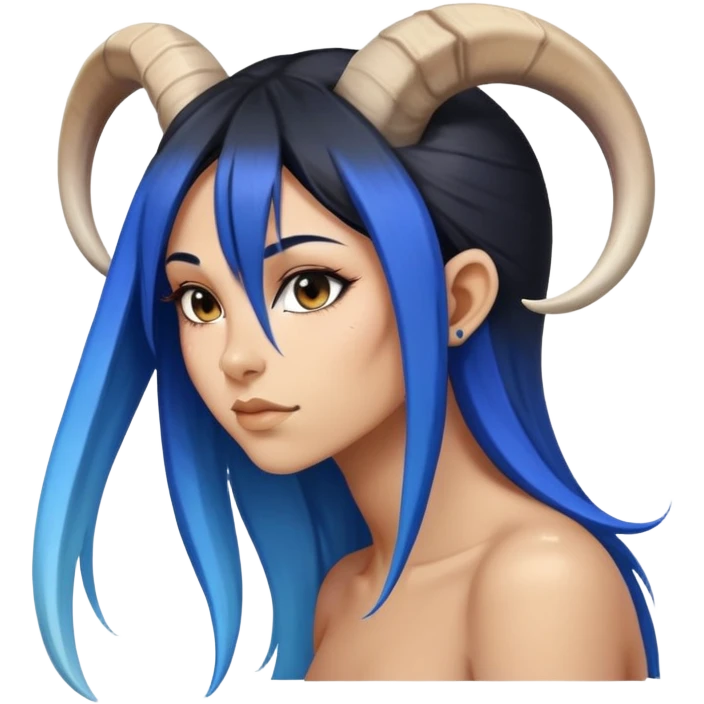 Art of woman's very sexy body scheme anatomy-very long straight black to blue hair ombre-right other side view-small goat horns emoji