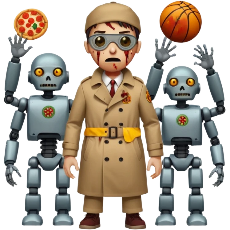 a glitch abomination with hands for a head, a baskeball stomach, pizza eyes, eyepatch, and zombie wounds, wearing trench coat, and robot crowd emoji