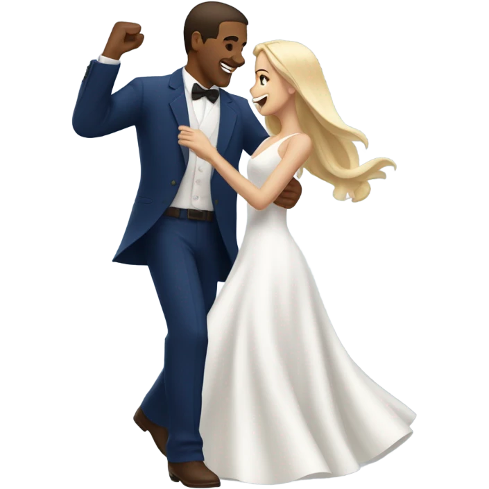 Puerto rican beard short brown hair with blue hat and navy blue suit first dance with blond long hair girl with white  wedding dress  emoji