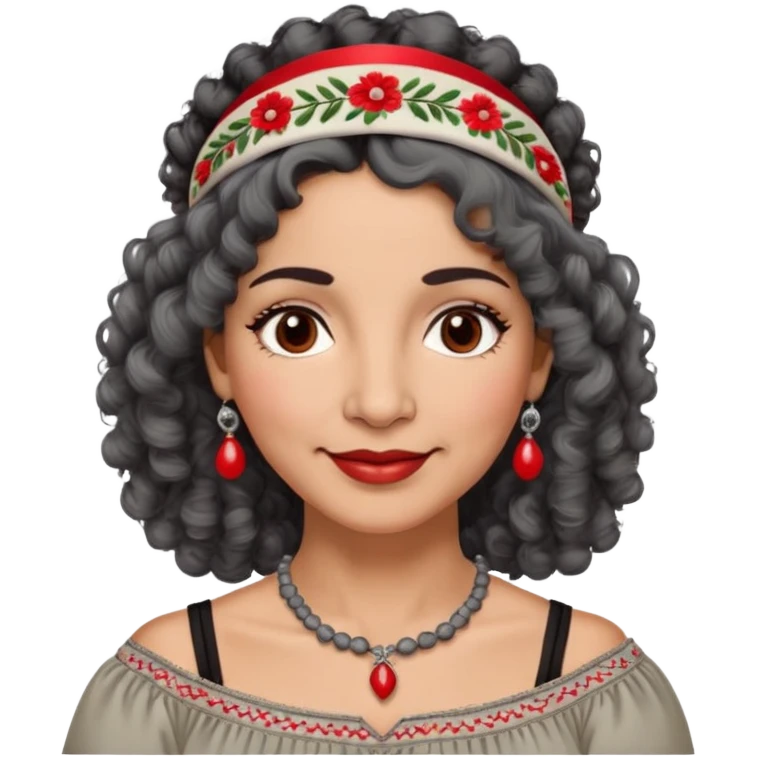 Latina woman, about 50 years old, warm light brown skin, round soft face, curly black and gray hair, red and white headband, medium eyes, thin eyebrows, gentle smile, gray peasant blouse with embroidery, bare shoulders, large dark necklace emoji