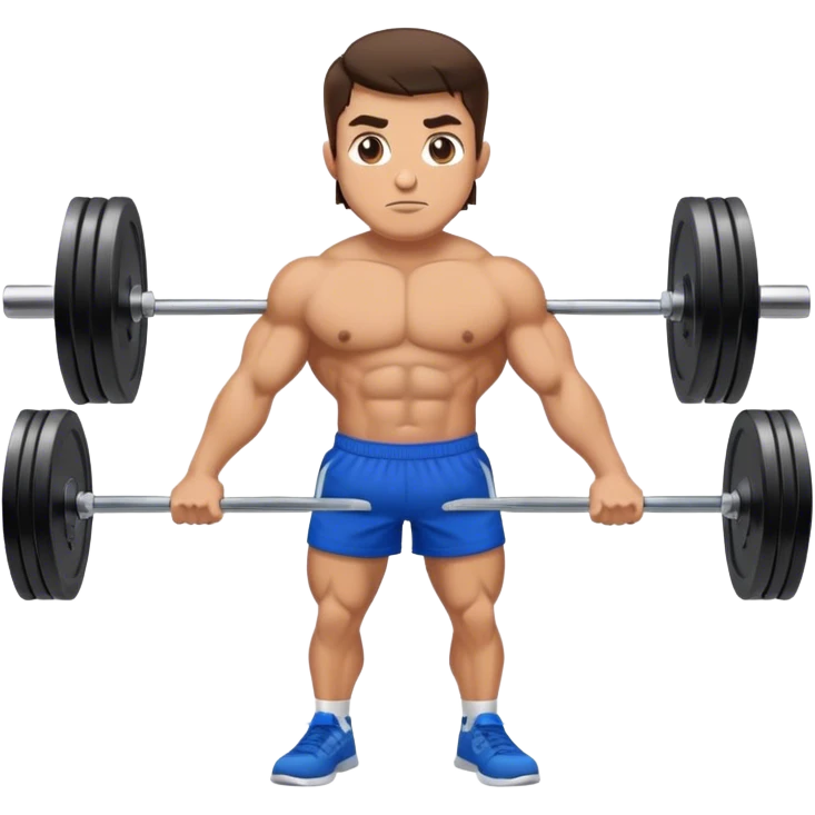 brunette buff man with blue shorts barbell-shrugs emoji