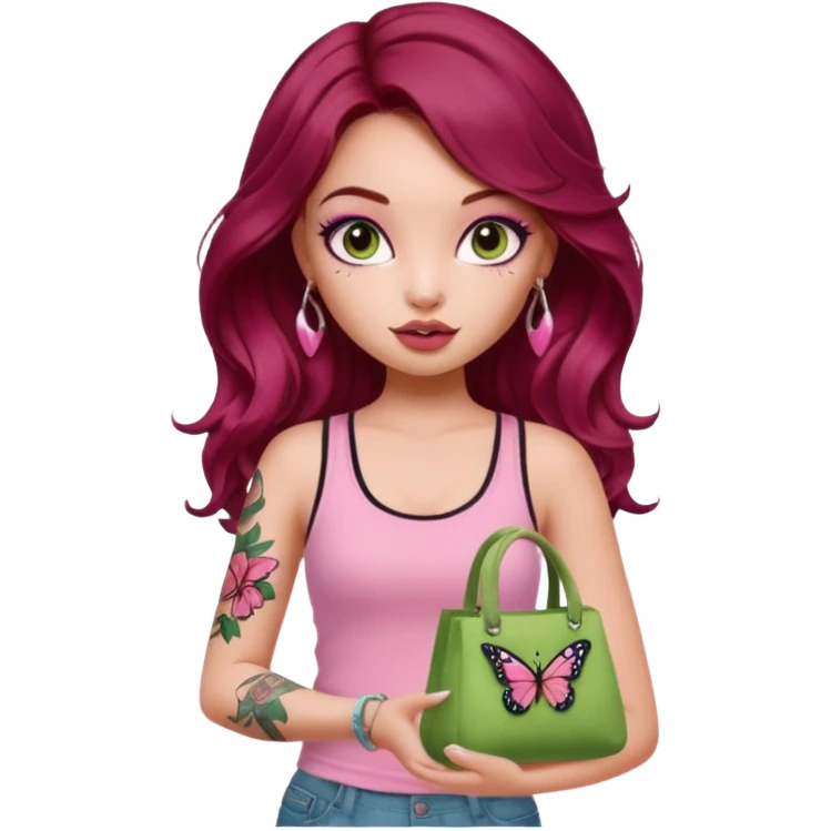 a pretty fair bratz girl with wavy dark red hair, wearing a pink tank top , carrying a matcha and a pink bag. eyeliner on. butterfly tattoo on arm emoji