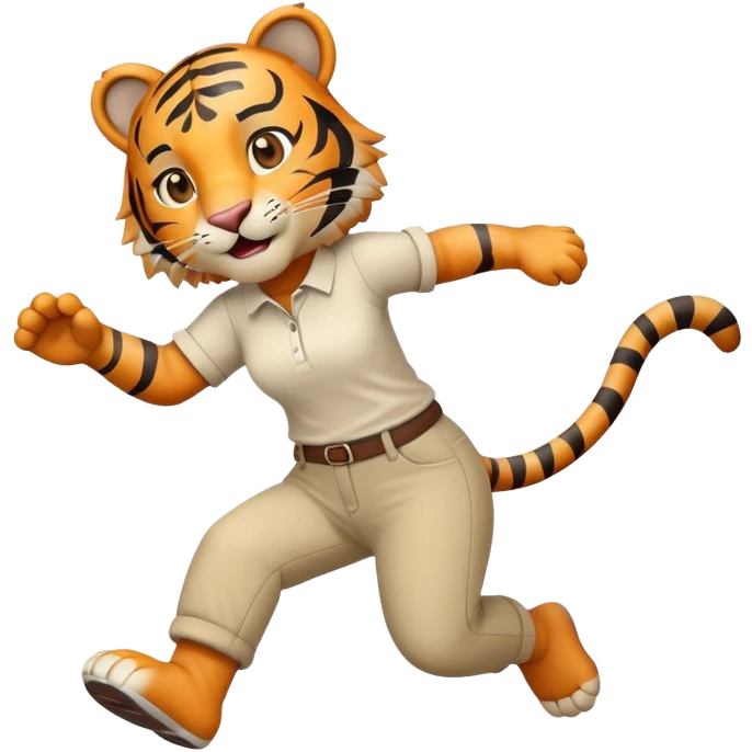 friendly anthropomorphised female tiger in a shirt and pants jumping emoji